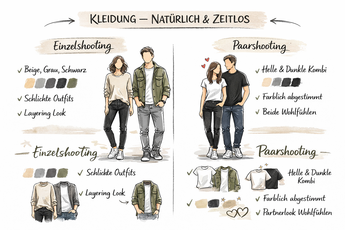 Illustration mit Kleidungstipps für natürliche Fotoshootings bei Tageslicht – geeignet für Einzel- und Paarshootings.